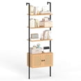thumbnail image 1 of Wall-Mounted Ladder Shelf 5-tier Bookshelf w/ Rattan-Door Cabinet Display Rack, 1 of 10