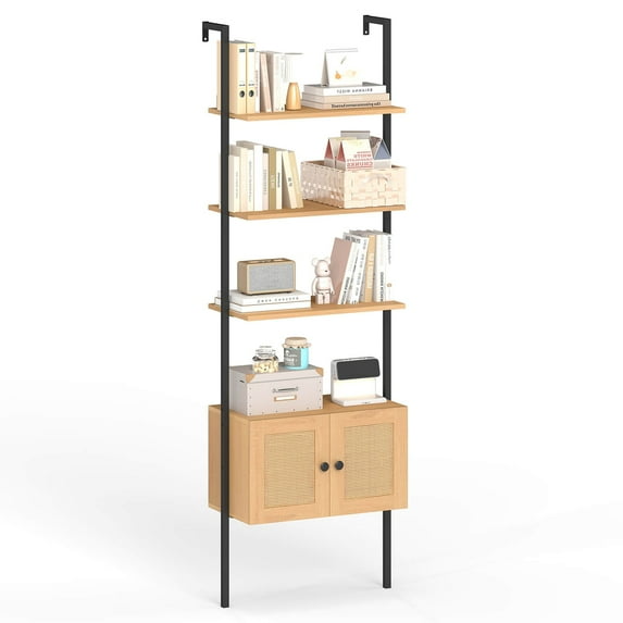 Wall-Mounted Ladder Shelf 5-tier Bookshelf w/ Rattan-Door Cabinet Display Rack