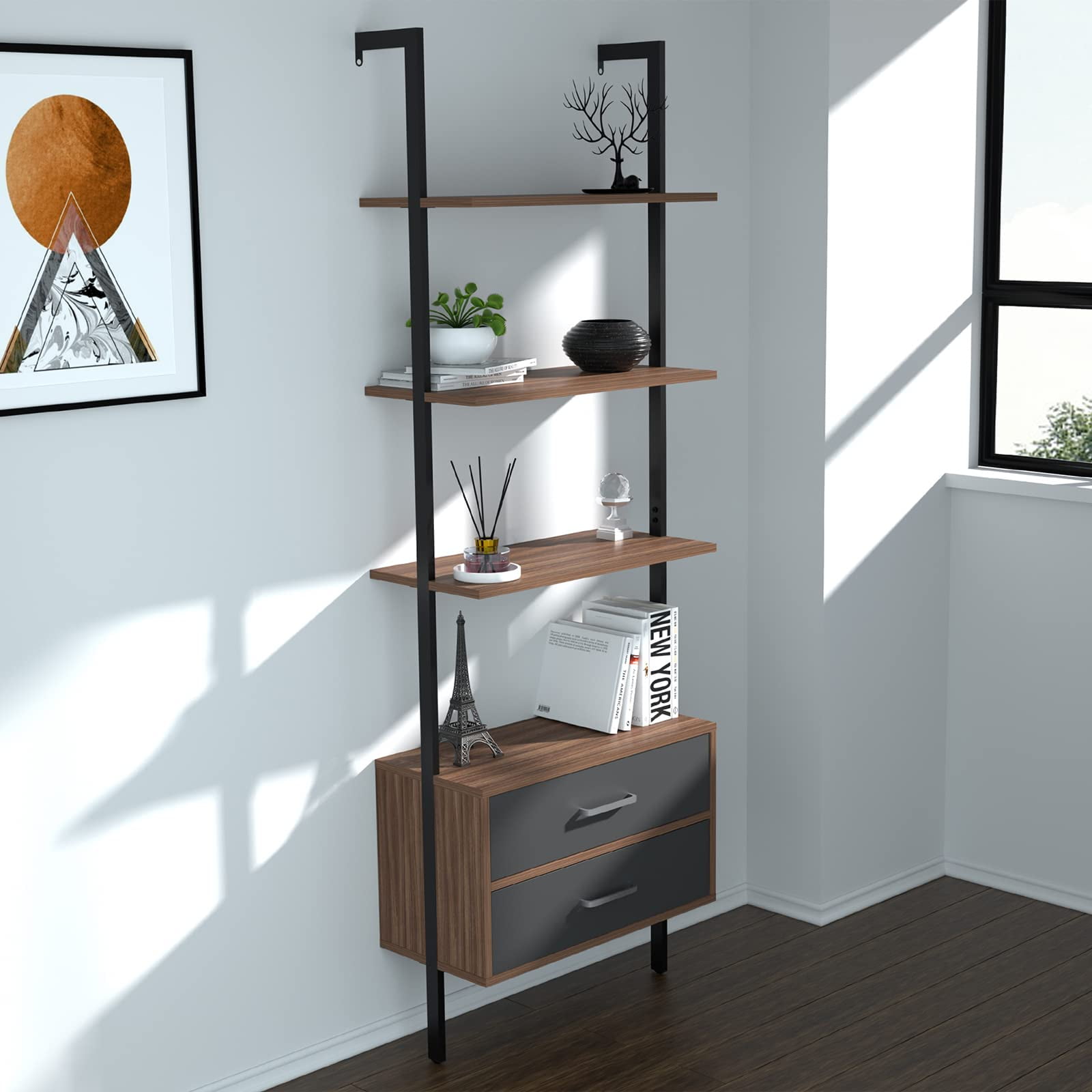 Wall Mounted Ladder Shelf with Drawers, 4 Tier Ladder Bookshelf with Metal Frame and Wood Shelf
