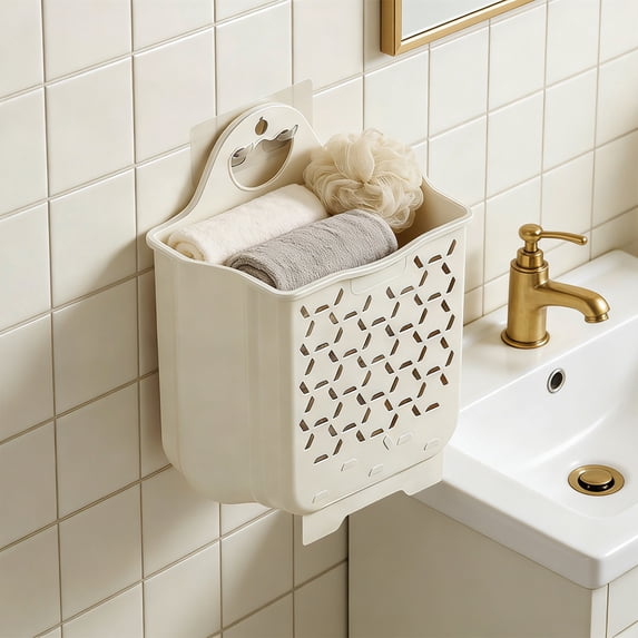 Wall Mounted Laundry Basket, Large Capacity Foldable Dirty Clothes Storage Bin, Space Saving Laundry Hamper for Bathroom, Beige S