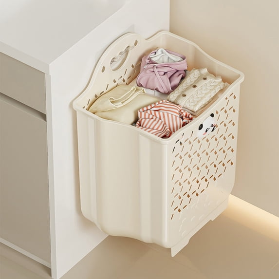 Wall Mounted Laundry Basket, Large Capacity Foldable Laundry Hamper for Bathroom, Space Saving Dirty Clothes Storage Bin, Beige