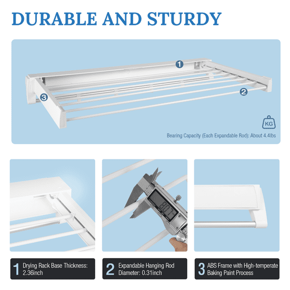 Wall Mounted Laundry Clothes Storage Drying Rack, Retractable Dryer Hanger White