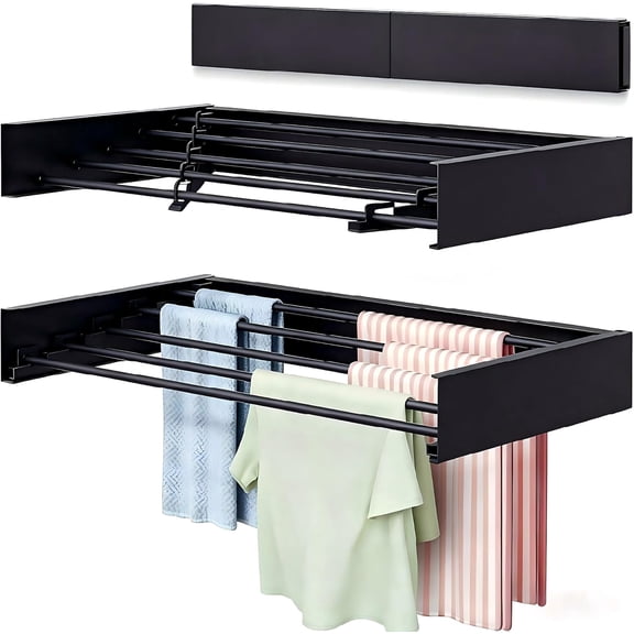 Wall Mounted Laundry Drying Rack, Carbon Steel Foldable & Retractable Clothes Drying Rack, Space Saving Adjustable Towel Holder for Bathroom, Laundry, Small Spaces (1, Black, 80cm)