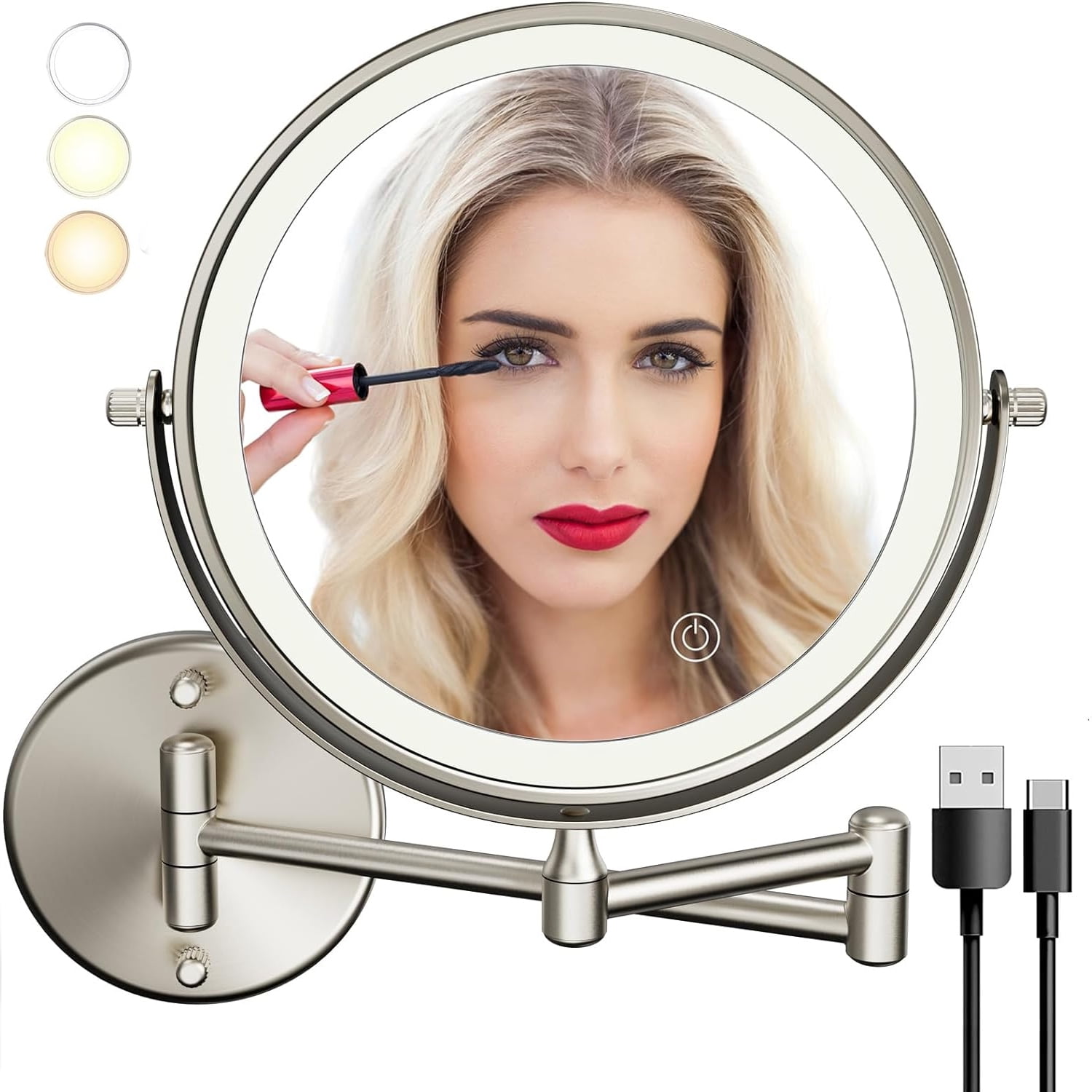 FFowcye 8-Inch Wall Mounted Makeup Mirror With Lights – Rechargeable LED, 1X/10X Magnification, 3 Color Dimmable, 360° Rotation, Black