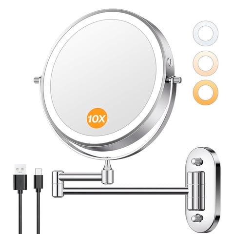 Behome Wall Mounted Lighted Makeup Mirror, 8" Rechargeable Double Sided 1X/10X Magnifying Mirror, 360Rotation & 3 Color Lights Touch Screen Dimmable Vanity Mirror