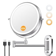 Behome Wall Mounted Lighted Makeup Mirror, 8" Rechargeable Double Sided 1X/10X Magnifying Mirror, 360 Rotation & 3 Color Lights Touch Screen Dimmable Vanity Mirror