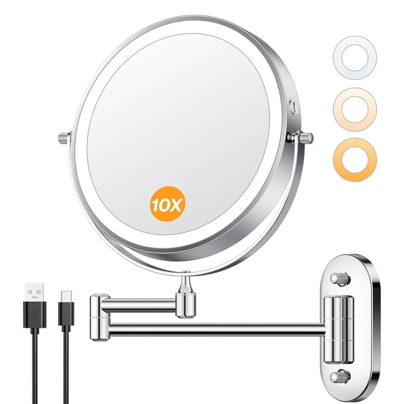 Behome Wall Mounted Lighted Makeup Mirror, 8" Rechargeable Double Sided 1X/10X Magnifying Mirror, 360Rotation & 3 Color Lights Touch Screen Dimmable Vanity Mirror