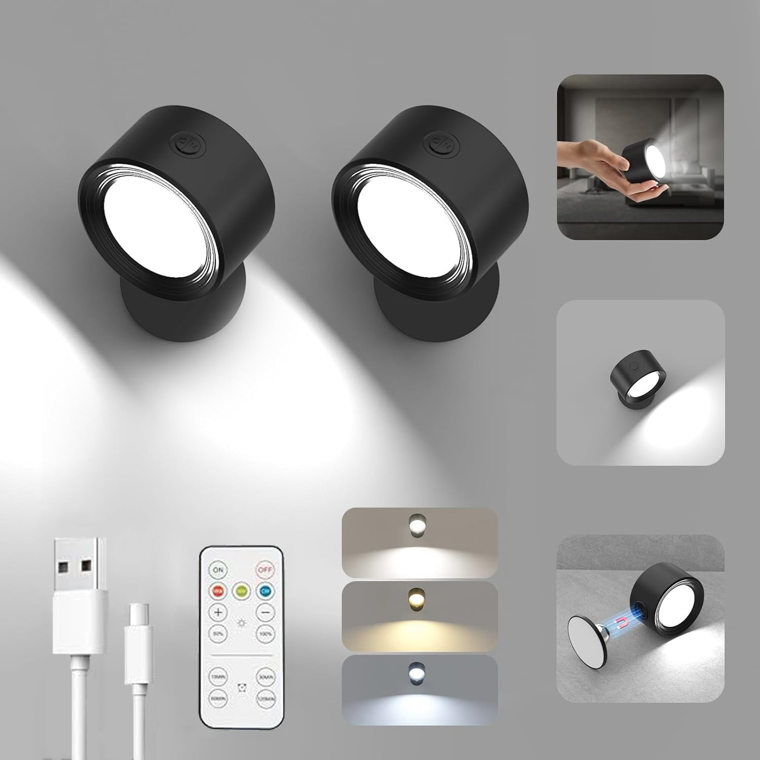 LED Wall Mounted Lights, 2pcs Wall Sconces Lamp 3000mAh Rechargeable Battery - 3 Color Temperatures \u0026 Dimmable Magnetic 360 Rotation Cordless Light for Bedroom Hallway