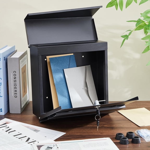 Wall Mounted Locking Mailbox 11" x 11" x 4.3" Modern Large Capacity Metal Mail Box with Key Lock Outside Galvanized Steel Security Lock Drop Black Rustproof Postbox for Home Office