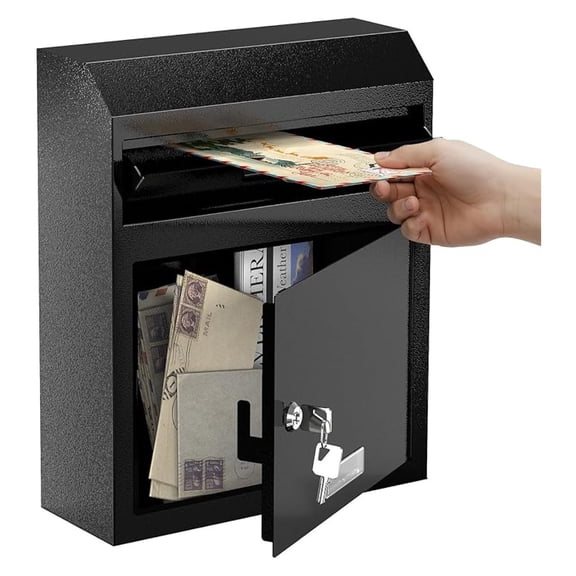 Wall Mounted Locking Mailbox Heavy Duty Key Drop Box with Anti-Theft Design for Rents Cash Mails Deposits Checks Envelopes Ideal for Home, Office, School, 12"W x 4.25"D x 14.75"H (Black)