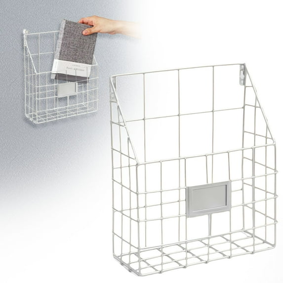 Wall Mounted Magazine Holder, Metal Mesh File Organizer Rack for Documents, Mail, and Magazines, No-Drill Hanging Storage Shelf – Wall Organizer, Office Storage,White,1PC