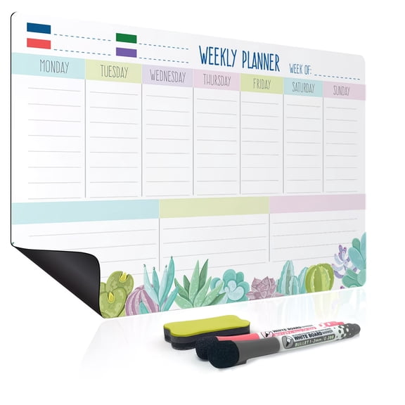 Wall-Mounted Magnetic Dry Erase Board Weekly Planner - Whiteboard Calendar for Schedule & Meal Planning, Home Office Classroom Organization