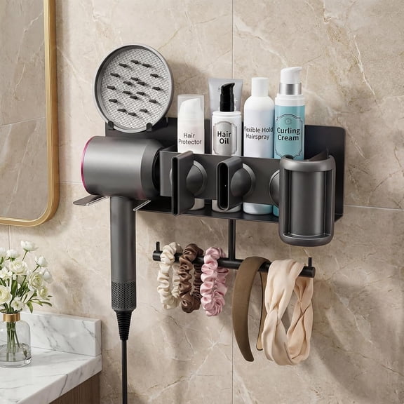 Wall Mounted Magnetic Hair Dryer Holder with Storage for Styling Tools and Accessories Bathroom Salon Organizer