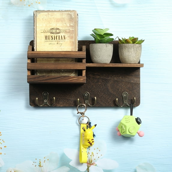 Wall Mounted Mail Holder Wooden Key Holder Rack Mail Sorter Organizer with 4 Double Key Hooks and A Floating Shelf Rustic Home Decor for Entryway or Mudroom