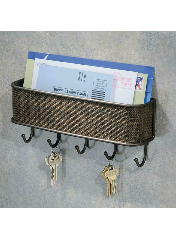 Wall-Mounted Mail Organizer With Key Hooks, Wall Mount Entryway Organizer for Mail & Keys, Wall Letter Holder for Home & Office Organization, Bronze
