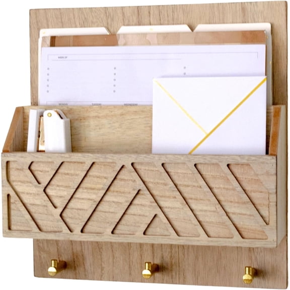 Wall-Mounted Mail and Key Holder – Natural Wood 2-Tier Letter Organizer with 3 Hooks | Entryway Command Center for Mail, Keys, and Documents