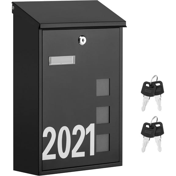 Wall Mounted Mailbox with Keys, Post Box for Wall and Fence, Viewing Windows, Nameplate, Large Capacity, Includes Mailbox Numbers, Matt Black