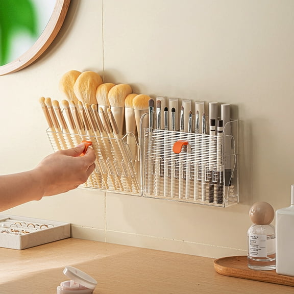 Wall-Mounted Makeup Eyeliner Lip Liner Organizer Holder, 16-Slot Cabinet Storage for Brush, Makeup Pencils, Concealer Pencil Display Case for Vanity Bathroom, Clear