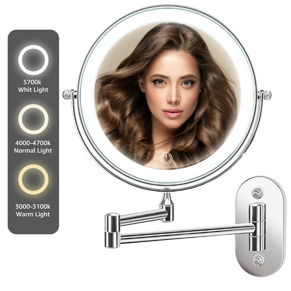 Wall Mounted Makeup Mirror,10X Majnifying Mirror LED Light Dimmable Touch Screen,USB Charge,8 Inch Extendable Double Sided Vanity Mirror,Chrome