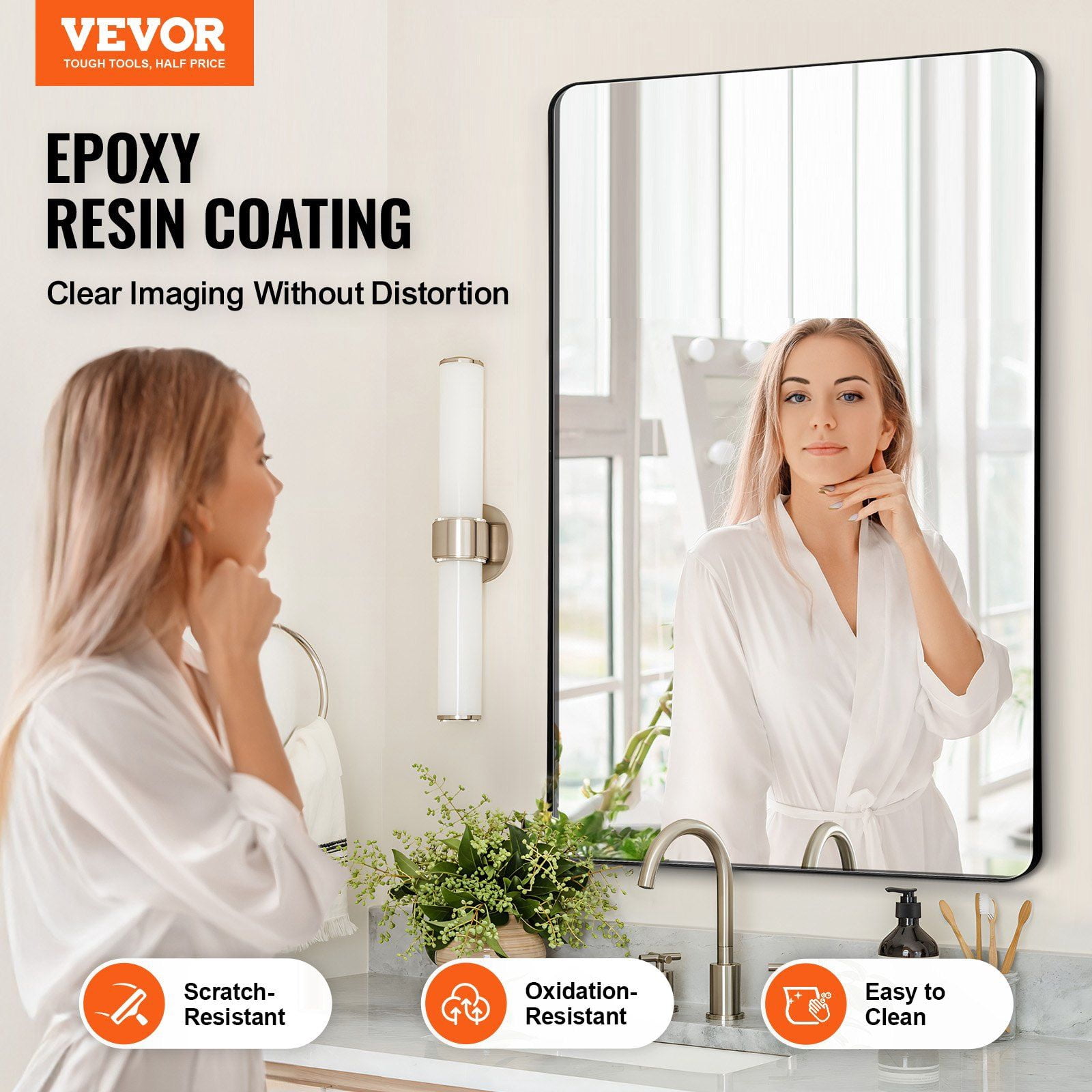 Wall Mounted Makeup Mirror 24x36 Inch 0.15 Inch Thick Aluminium Alloy Frame Explosion Proof Film Scratch Resistant Z Shaped Bracket for Bathroom Bedroom Living Room