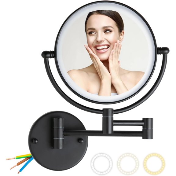 Wall Mounted Makeup Mirror with 3 Color Lights Stepless Dimming, 8" 1X/10X Magnifying LED Two Sided  Sensor Extendable Arm 360 Swivel Shaving Light Up Mirror Hardwired for Bathroom, Matte Black
