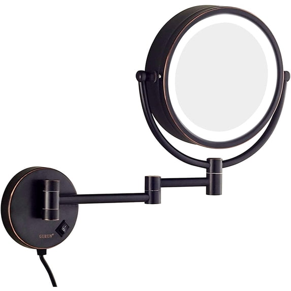 Wall-Mounted Makeup Mirror,8 inch Magnifying Double Sided Led Lighted Mirror,Bathroom Extendable 360° Swivel Shaving Cosmetic Vanity Mirror with Plug Switch,Brass,7X /Gold/1