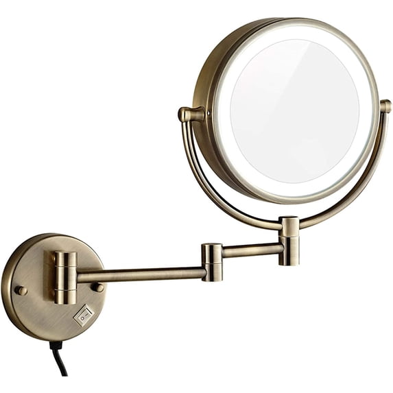 Wall-Mounted Makeup Mirror,8 inch Magnifying Double Sided Led Lighted Mirror,Bathroom Extendable 360° Swivel Shaving Cosmetic Vanity Mirror with Plug Switch,Brass,5X /Black/