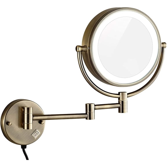 Wall-Mounted Makeup Mirror,8 inch Magnifying Double Sided Led Lighted Mirror,Bathroom Extendable 360° Swivel Shaving Cosmetic Vanity Mirror with Plug Switch,Brass,5X /Black/