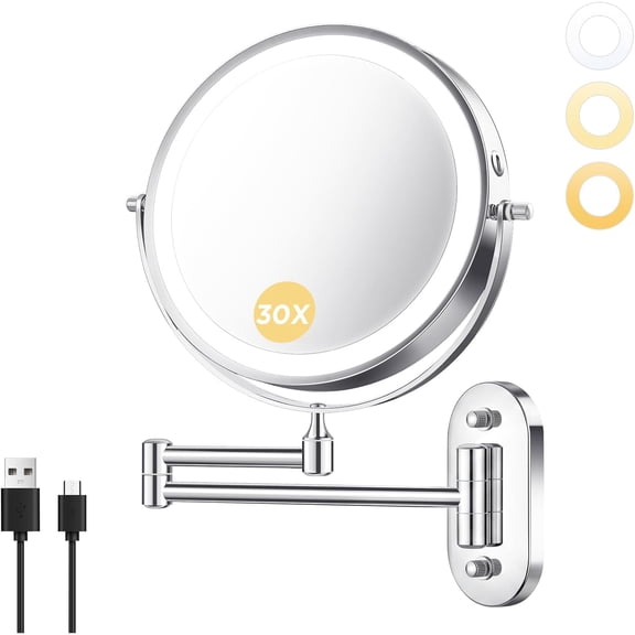 Wall Mounted Makeup Mirror with Light, 8 Inch 1X/30X Magnifying Mirror, Rechargeable 4000mAh, Double Sided, Extendable Arm, 360 Swivel Bathroom Mirror