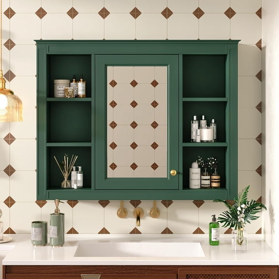Wall Mounted Medicine Cabinet, Bathroom Storage Cabinet with Mirror Door and 6 Adjustable Open Shelf (7.3" D x 35" W x 27.5" H) (Green)