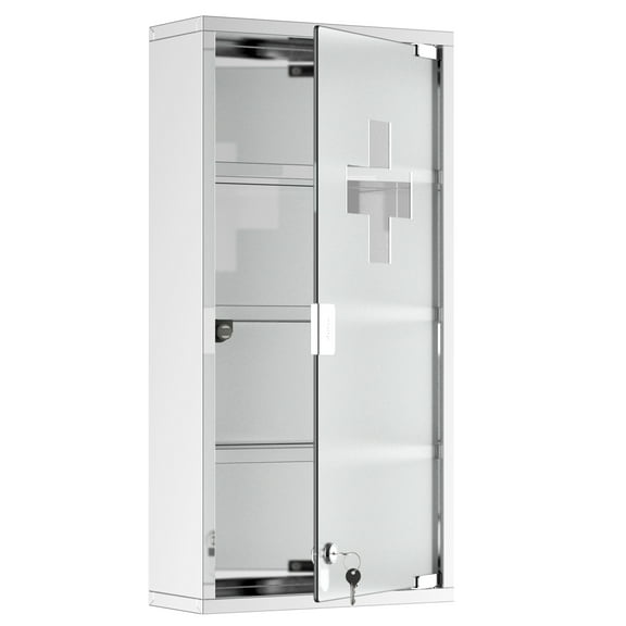 Wall Mounted Medicine Cabinet, with 4 Tier Shelves, Stainless Steel Frame and Glass Door