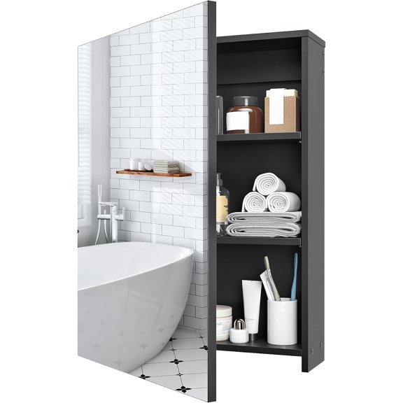 Fsdf Wall Mounted Medicine Cabinet with Mirror, Adjustable Shelves, Bathroom Storage, Black, ABS Material