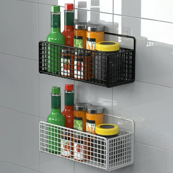 Wall Mounted Metal Bathroom Shelf Organizer, Black or White, 15x10x10cm | Space-Saving Kitchen Storage Rack for Spices, Seasonings, Easy-Clean, Ventilated, Includes 2 Hooks