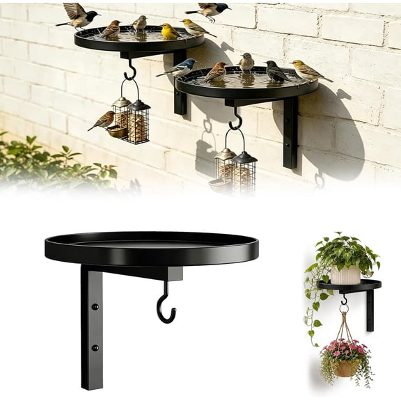 Wall-Mounted Metal Bird Bath Basin, 2-in-1 Outdoor Birdbath and Feeder Holder, Black Bracket and Hanging Feeder Hook for Garden, Balcony, Porch, Deck, Patio and Yard (1pcs)