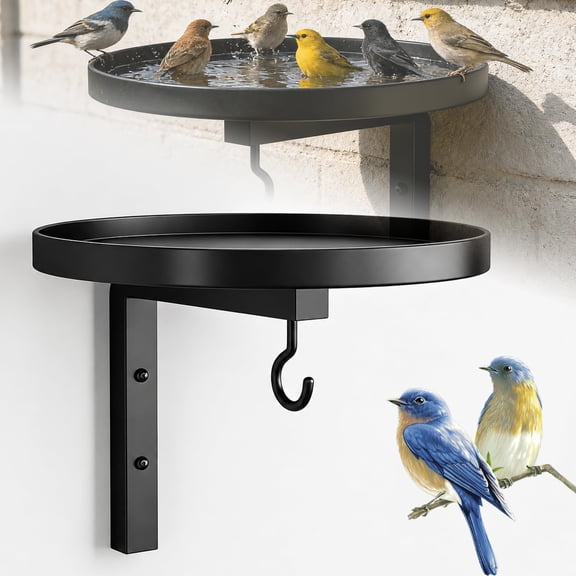 Wall-Mounted Metal Bird Bath Basin with Black Bracket and Hanging Feeder Hook, 2-in-1 Outdoor Birdbath and Feeder Holder for Garden, Balcony, Porch, Deck, Patio and Yard