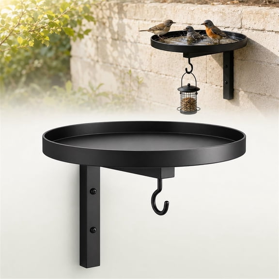 Wall-Mounted Metal Bird Bath Basin, Black Deck Rail Bird Tray with Hanging Hook for Feeder, Bracket Waterer Fence Tree Balcony Porch Yard Outside for Crow Hummingbird Squirrel Antique Bronze Finish