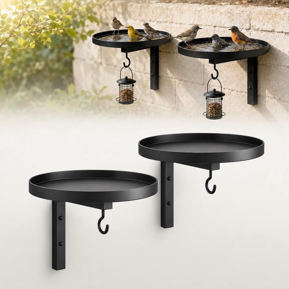 Wall-Mounted Metal Bird Bath Basin, Black Deck Rail Bird Tray with Hanging Hook for Feeder, Bracket Waterer Fence Tree Balcony Porch Yard Outside for Crow Hummingbird Squirrel Antique Bronze Finish