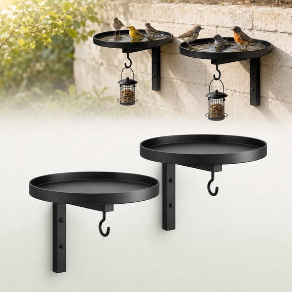 Wall-Mounted Metal Bird Bath Basin, Black Deck Rail Bird Tray with Hanging Hook for Feeder, for Crow Hummingbird Squirrel Antique Bronze Finish