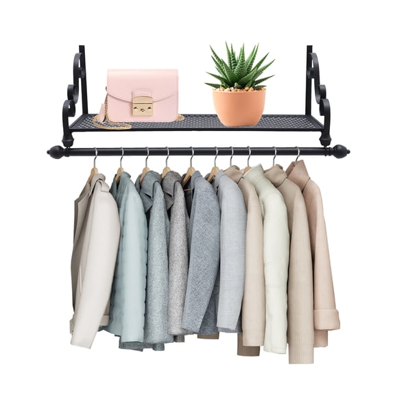 Wall Mounted Metal Coat Rack Shelf with Hanging Rod Industrial Pipe Clothing Rack Clothing Storage Rack Modern Garment Clothes Display Rack for Bedroom Entryway Bathroom Laundry Room Black