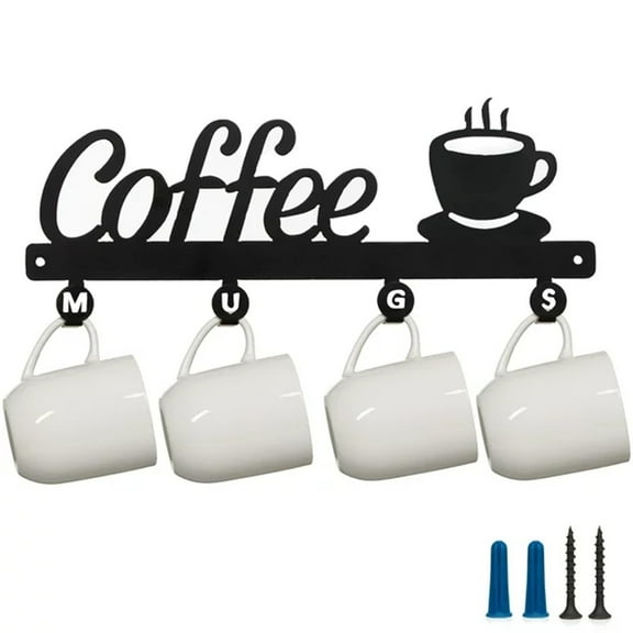 Wall Mounted Metal Coffee Mug Holder with 6 Hooks, Hanging Cup Display Rack for Kitchen & Coffee Bar Station Decor