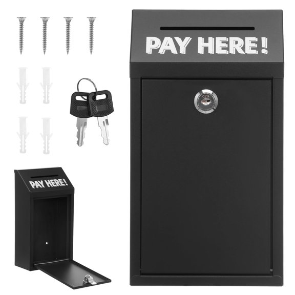 Wall Mounted Metal Donation Box with Lock and Key, Secure Cash Drop Box and Suggestion Box for Wall, Door, Outdoor Use, Black