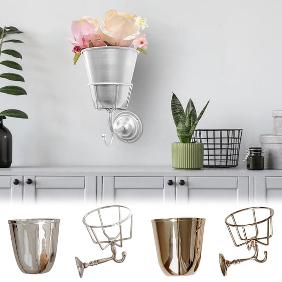 Wall-Mounted Metal Hook Flower Pot Holder with Multi-Use Hooks for Small Plants and Key Storage, Industrial Style Wall Decor for Home and Apartment
