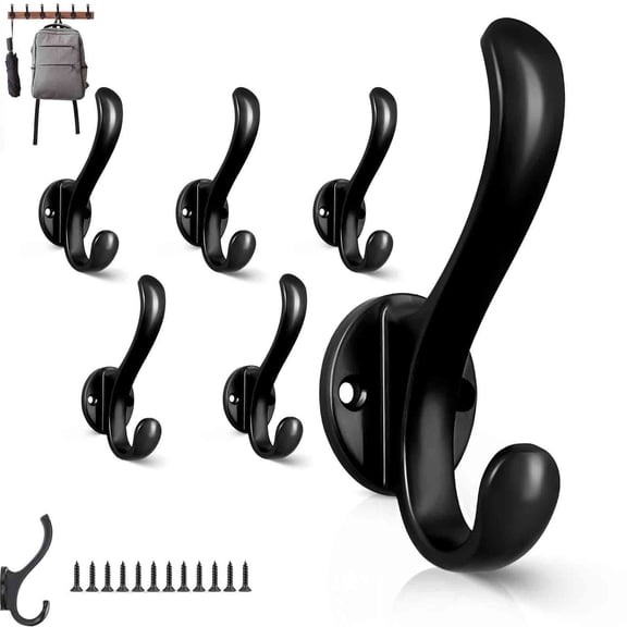 6 Pack Coat Hooks Wall Mount - Heavy Duty Retro Double Hooks for Hanging Coats, Hats, Towels & Keys. Durable Utility Hooks