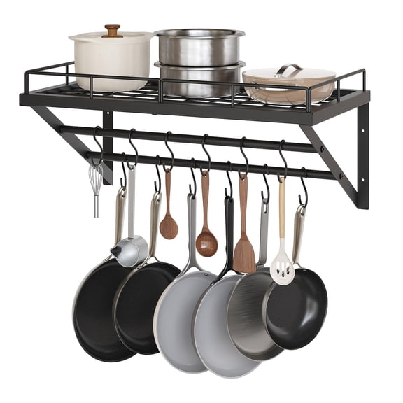 Wall Mounted Metal Pot Rack 23.8 Inch 2 Tier Hanging Rails 12 S-hooks Kitchen Cookware Storage