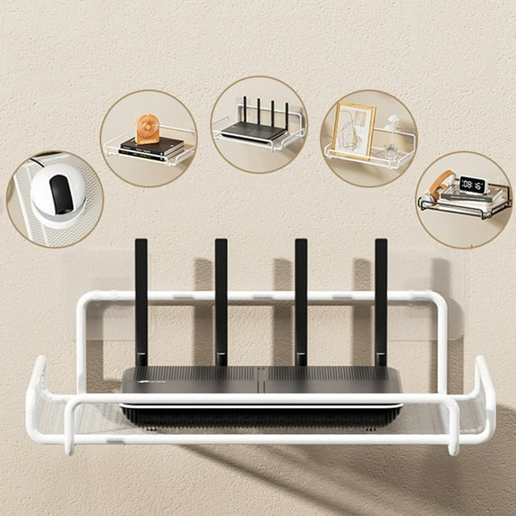 Wall Mounted Metal Storage Rack | Router & Set Top Box Shelf | No-Drill Punch Free Organizer with 2 Nonmarking Hooks | Black or White | 30x17x6cm | Sturdy Drainage Design | Multi-Use for Home, TV