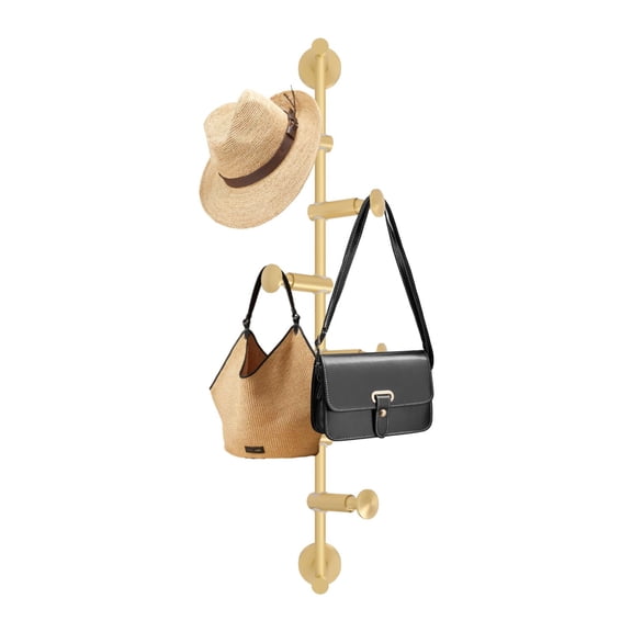 Wall Mounted Metal Vertical Tree Branch Coat Rack, 6 Adjustable Movable Rotatable Hooks, 24'' Wall Hanger Coat Hat Holder Suitable for Scarves Clothes Robe Handbags Towel (Brass)