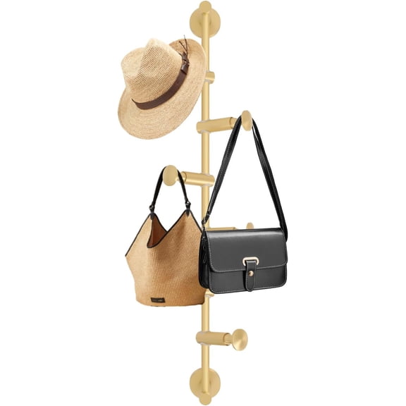 Wall Mounted Metal Vertical Tree Branch Coat Rack, 6 Adjustable Movable Rotatable Hooks, 24'' Wall Hanger Coat Hat Holder Suitable for Scarves Clothes Robe Handbags Towel (Brass)