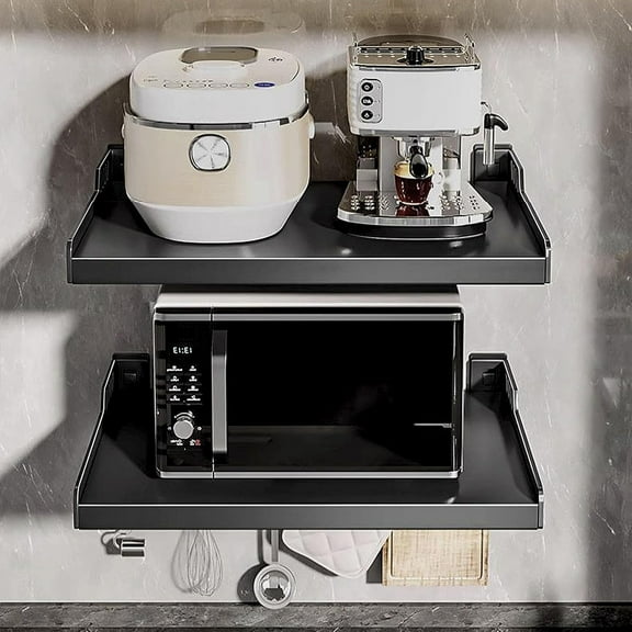 Wall-Mounted Microwave Oven Shelf Rack Cooker Holder,Stainless Electric Pot Racks with Slidable Hooks for Kitchen Storage Accessories Service Storage Rack Shelves (Black Double-Layer)