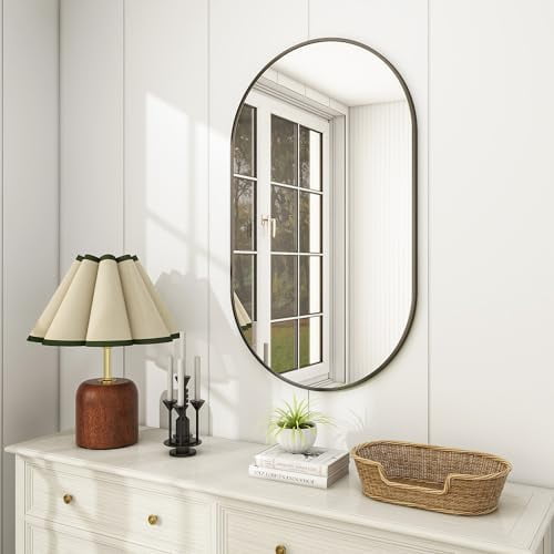 Wall Mounted Mirror, 20"x36" Oval Bathroom Mirror with Metal Frame, Vertical & Horizontal Hang, Ideal for Bedroom, Entryway, Living Room, Black$$Electronics Accessories