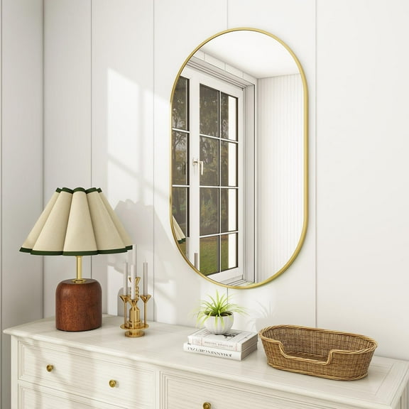 Wall Mounted Mirror, 20"x36" Oval Bathroom Mirror with Metal Frame, Vertical & Horizontal Hang, Ideal for Bedroom, Entryway, Living Room, Gold